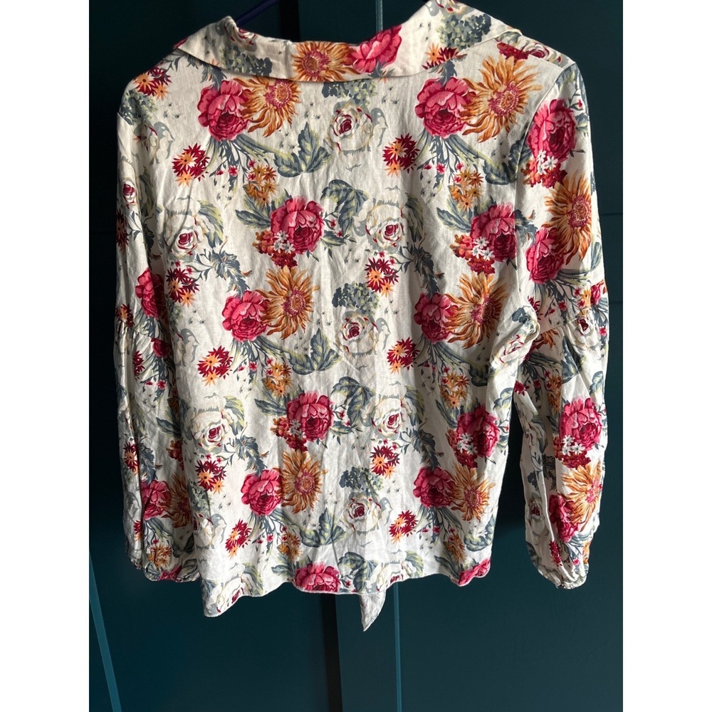 Kaktus Womens Floral Tie Front Top Button Down Puff Sleeve Blouse White Pink S - Picture 4 of 9